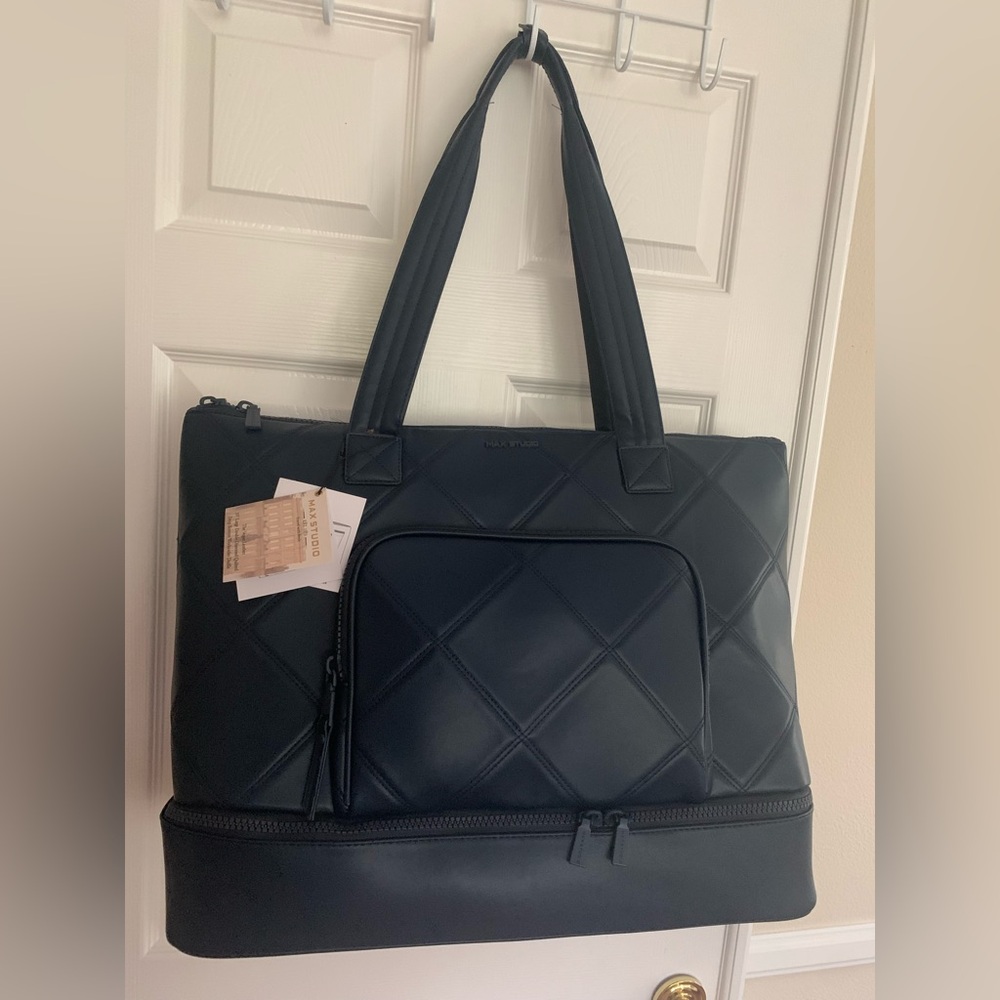SOLD Max Studio Faux Leather Bag: Dark Navy, Front Pocket, Shoe Compartment, Zip